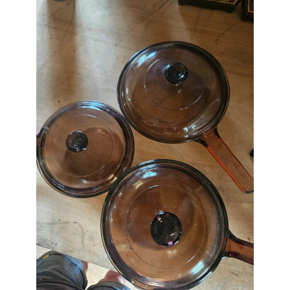 Visions by Corning Amber Glass Cookware Set 3pc Pots Pans w/Lids V-1.5-B V-1-B